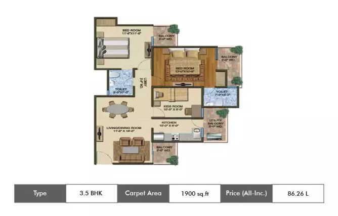 Supertech The Romano Sector 118 - Floor plan 3.5 BHK 1900 Sq.ft