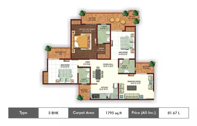 Ajnara Ambrosia Sector 118 - Floor plan 3 BHK 1795 Sq.ft