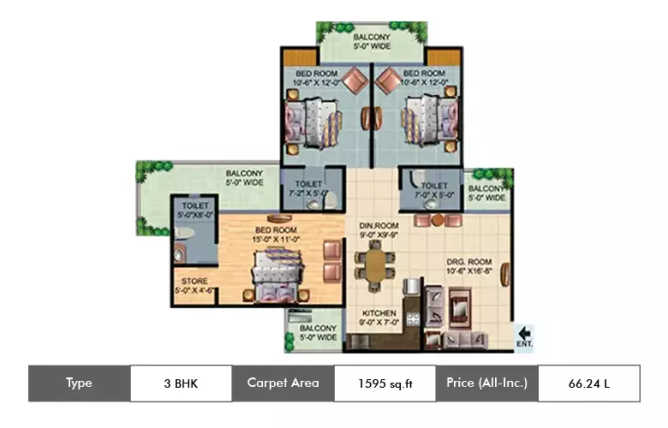 Ajnara Homes Sector 16B Greater Noida W - Floor plan 3 BHK 1595 Sq.ft