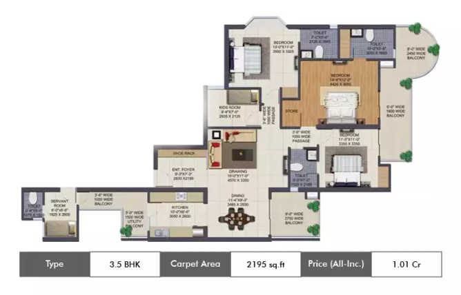 Ajnara Klock Tower Sector 74 - Floor plan 3 BHK 2195 Sq.ft