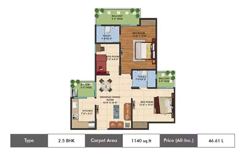 Floor plan for 2.5 BHK