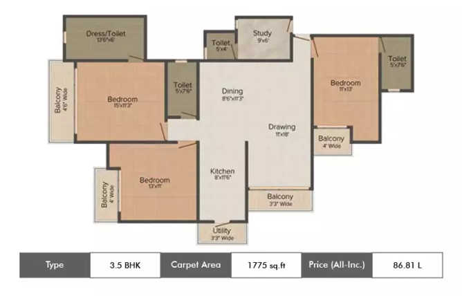 Amrapali Zodiac Sector 120 - Floor plan 3.5 BHK 1775 Sq.ft