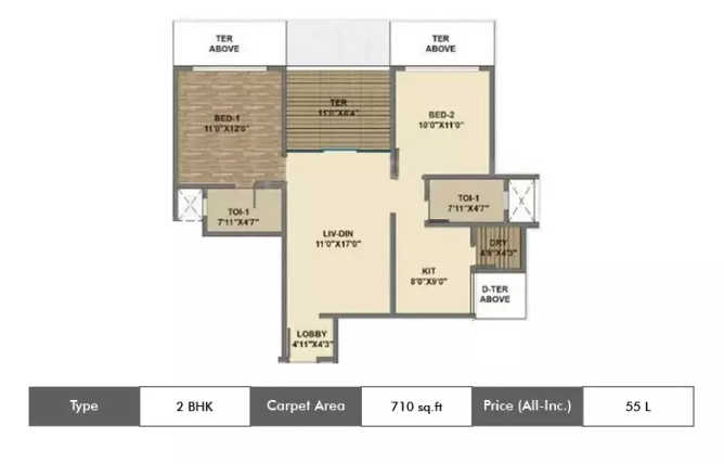 Kolte Patil Three Jewels Kondhwa - Floor plan 2 BHK 710 Sq.ft