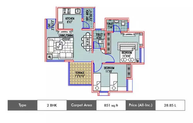 Majestique City Wagholi - Floor plan 2 BHK 851 Sq.ft