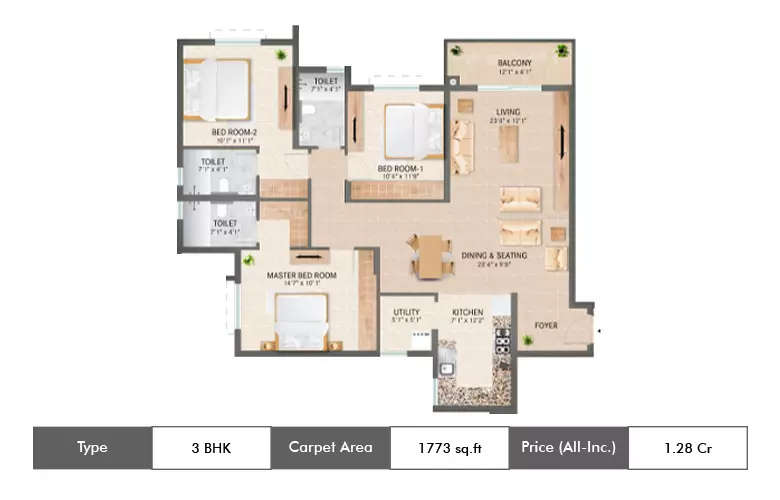 Floor plan for 3 BHK