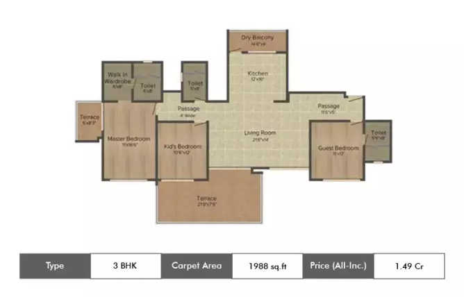 Kolte Patil 24K Jazz Glitterati Pimpri Chinchwad - Floor plan 3 BHK 1988 Sq.ft