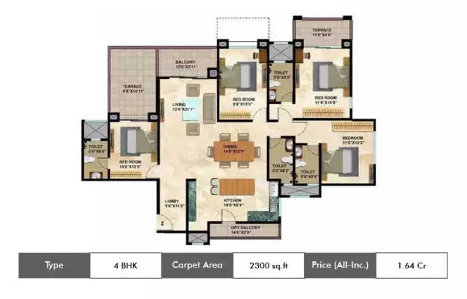 Kolte Patil 24K Allura Undri - Floor plan 4 BHK 2300 Sq.ft