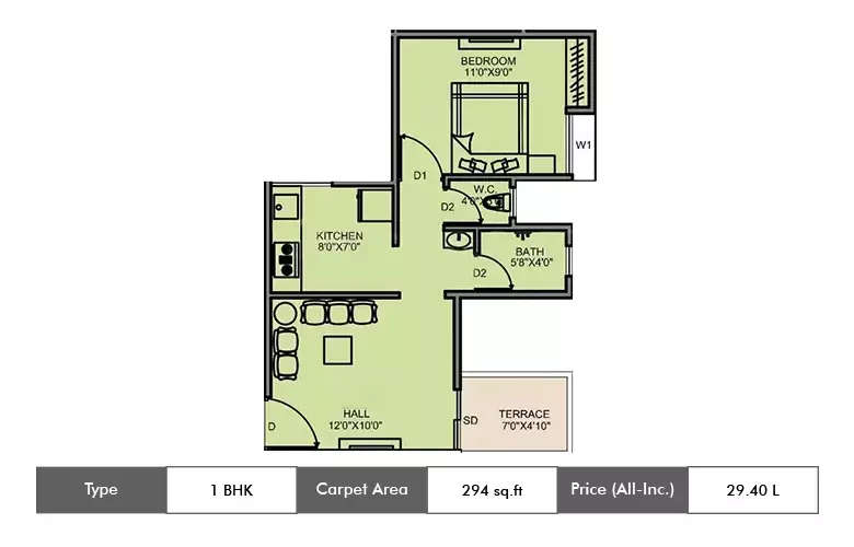 Floor plan for 1 BHK