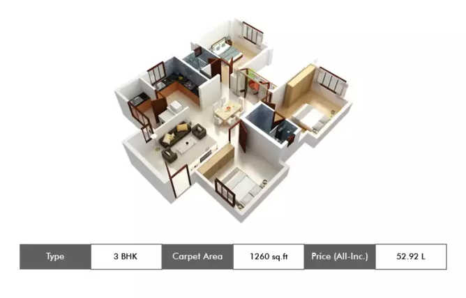 Shriram Sameeksha Jalahalli - Floor plan 3 BHK 1260 Sq.ft