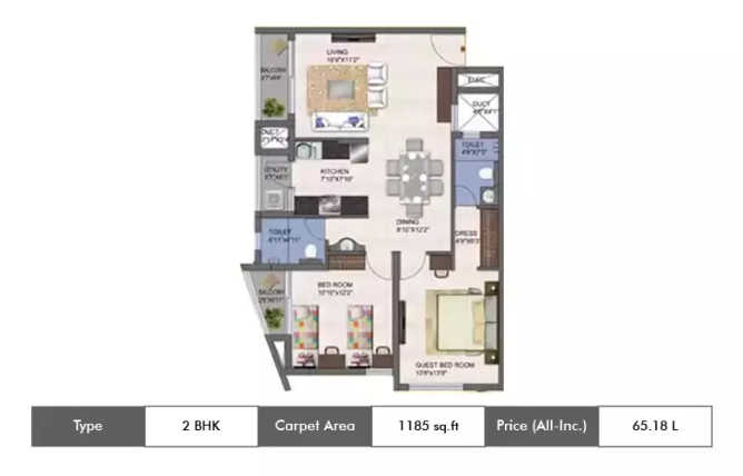 Kolte Patil Mirabilis Krishnarajapura - Floor plan 2 BHK 1185 Sq.ft