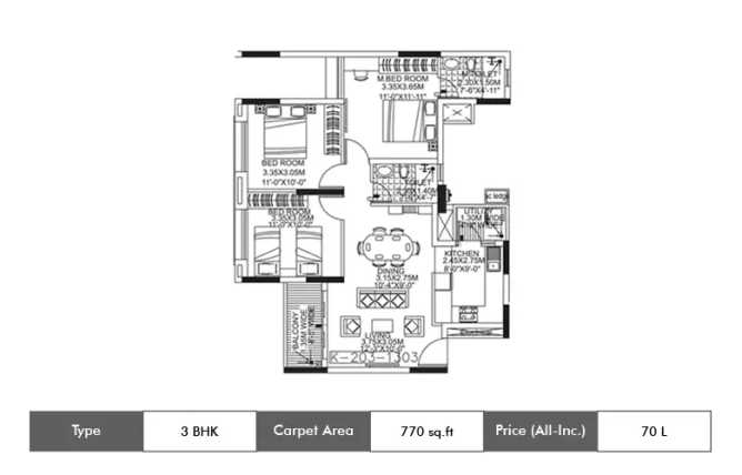 Kolte Patil Raaga Yerappanahalli - Floor plan 3 BHK 770 Sq.ft