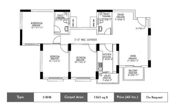 DLF Westend Heights Akshaya Nagar - Floor plan 3 BHK 1365 Sq.ft
