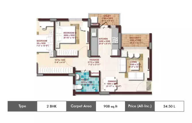 DLF Woodland Heights Jigani - Floor plan 2 BHK 908 Sq.ft