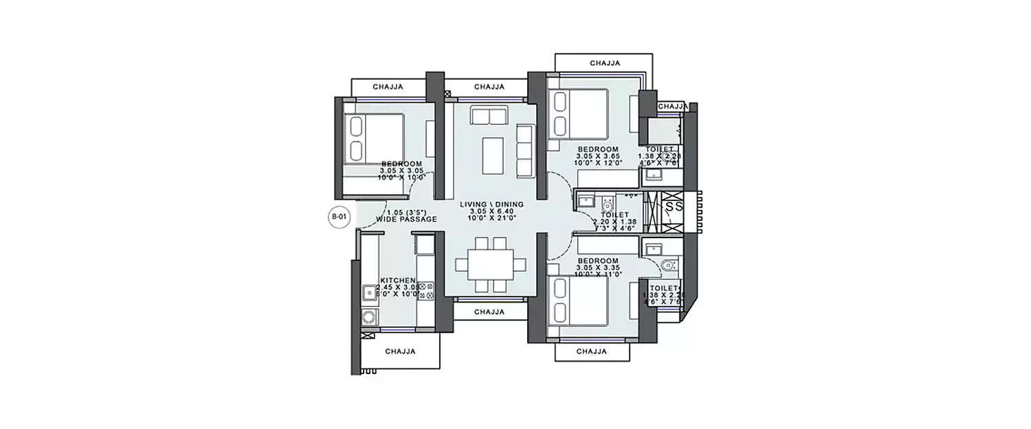 Floor plan for 3 BHK
