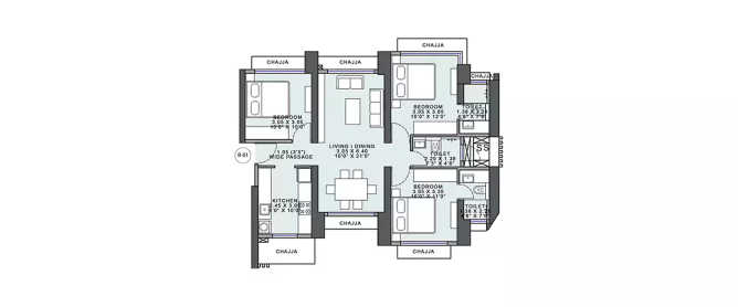 Wadhwa Codename Ultimous Mulund - Floor plan 3 BHK 825 Sq.ft
