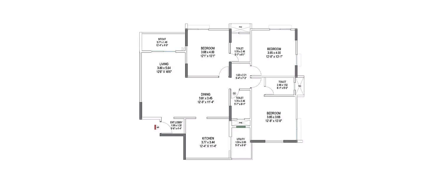 Floor plan for 3 BHK