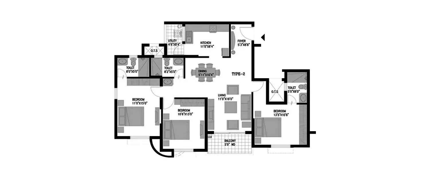 Floor plan for 3 BHK