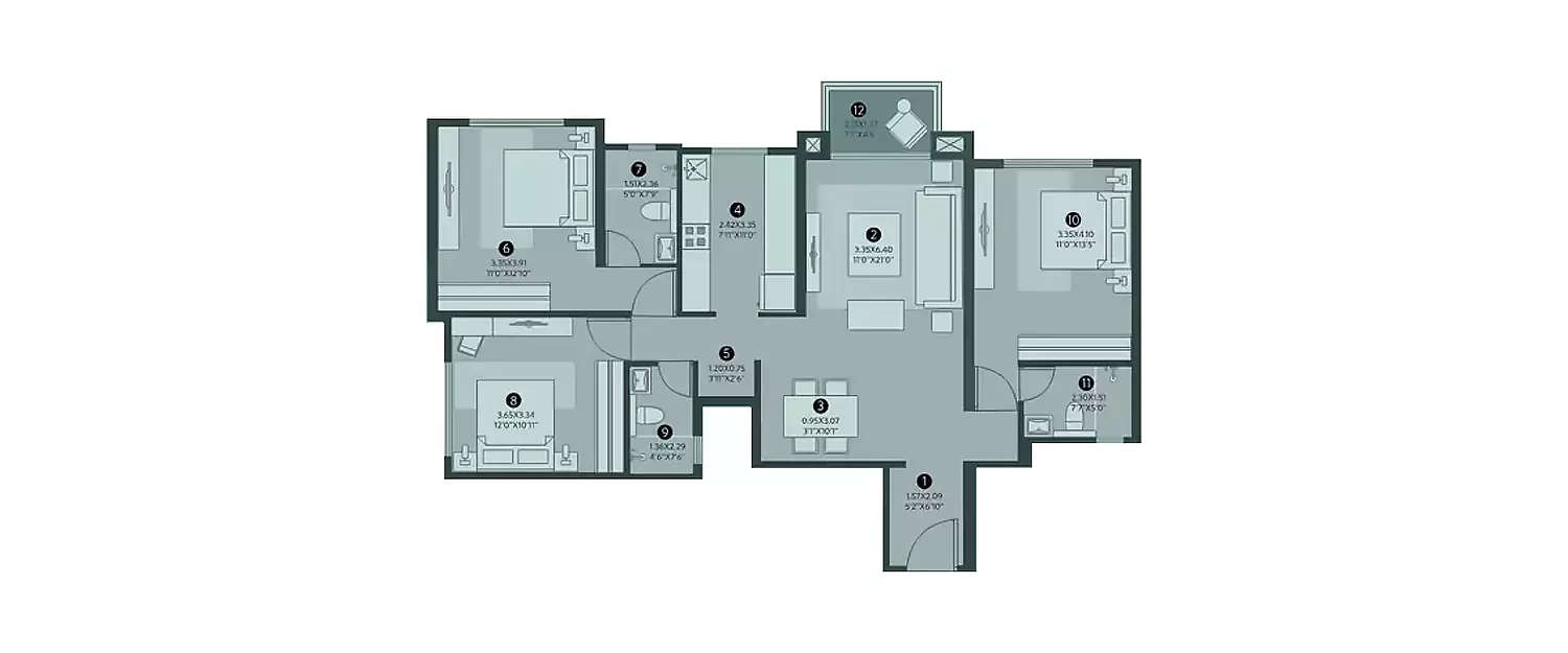 Floor plan for 3 BHK