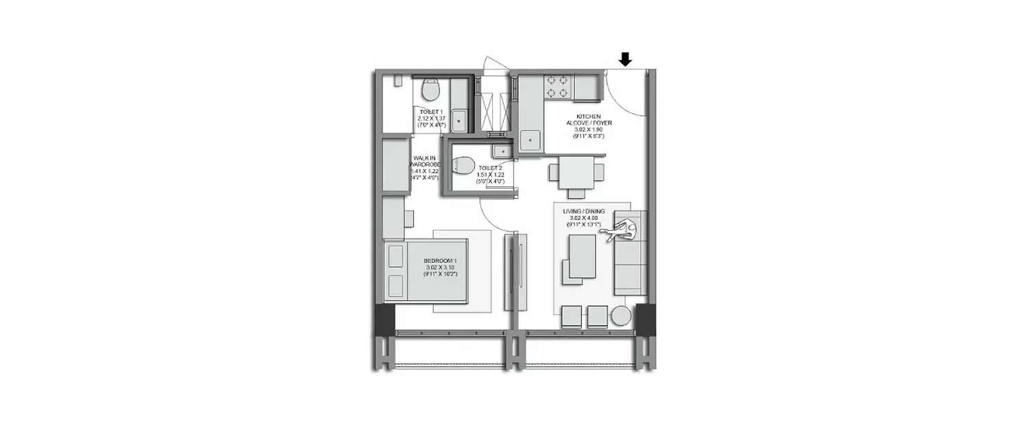 Floor plan for 1 BHK