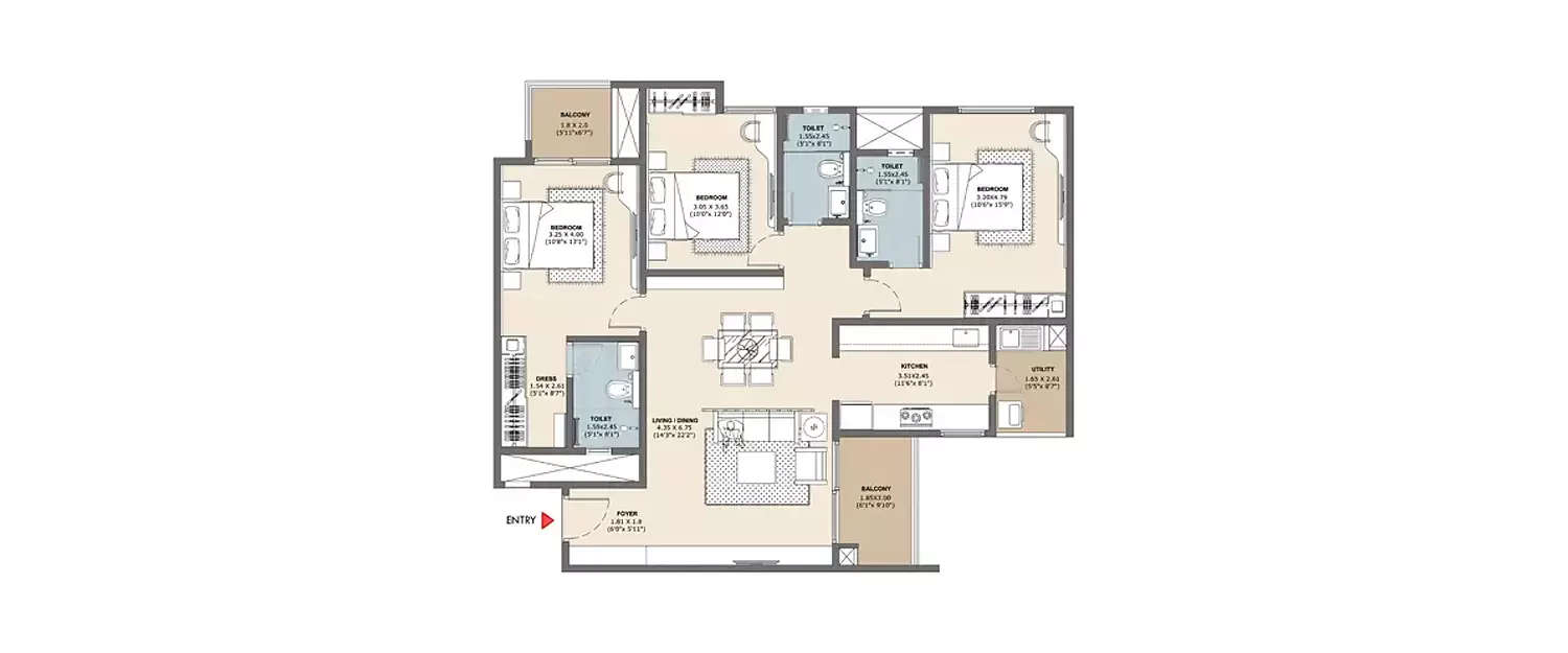 Floor plan for 3 BHK