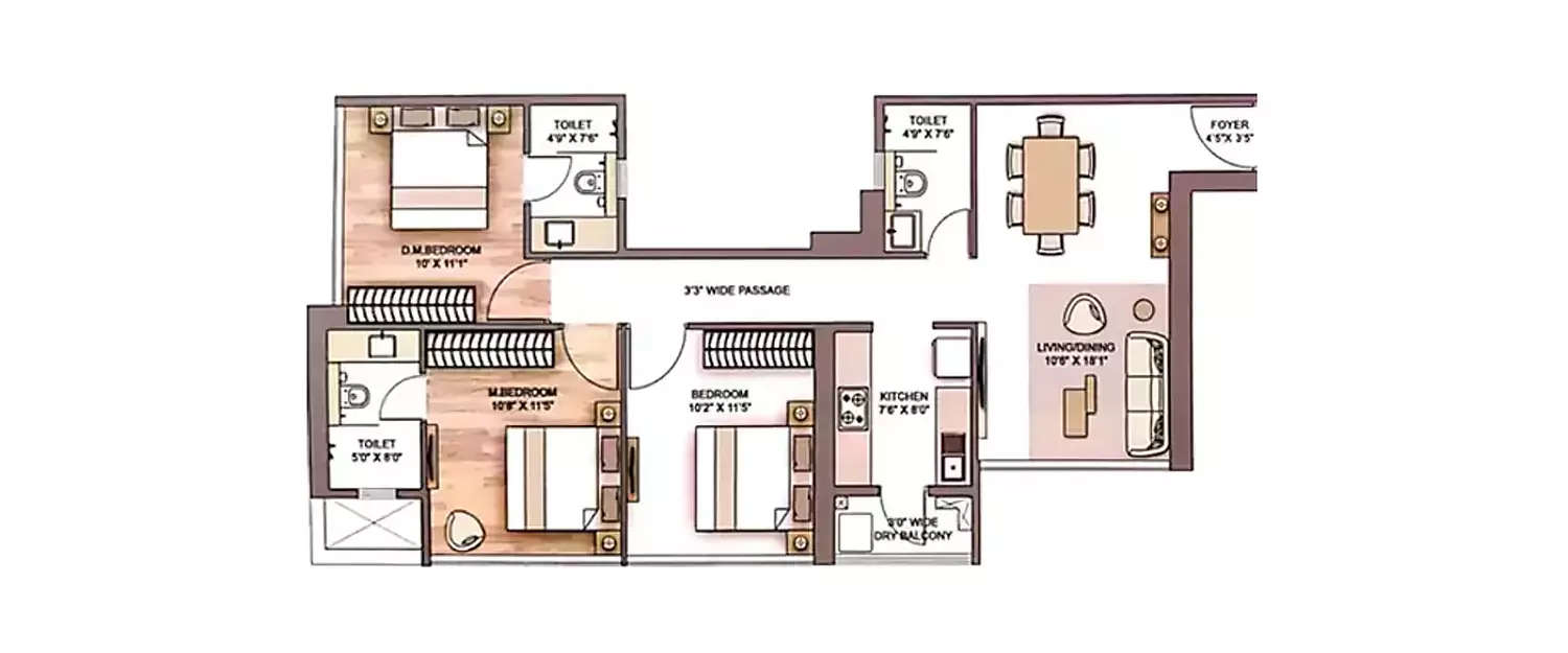 Floor plan for 3 BHK