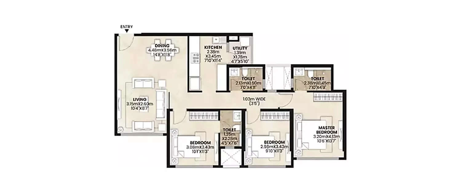 Floor plan for 3 BHK