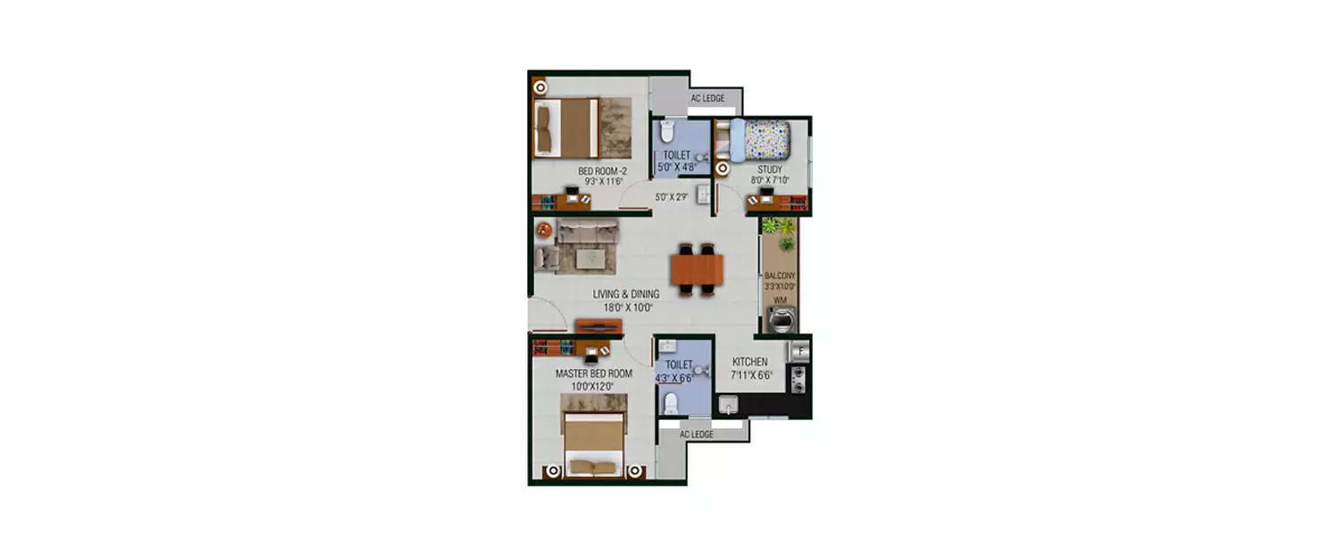 Floor plan for 3 BHK