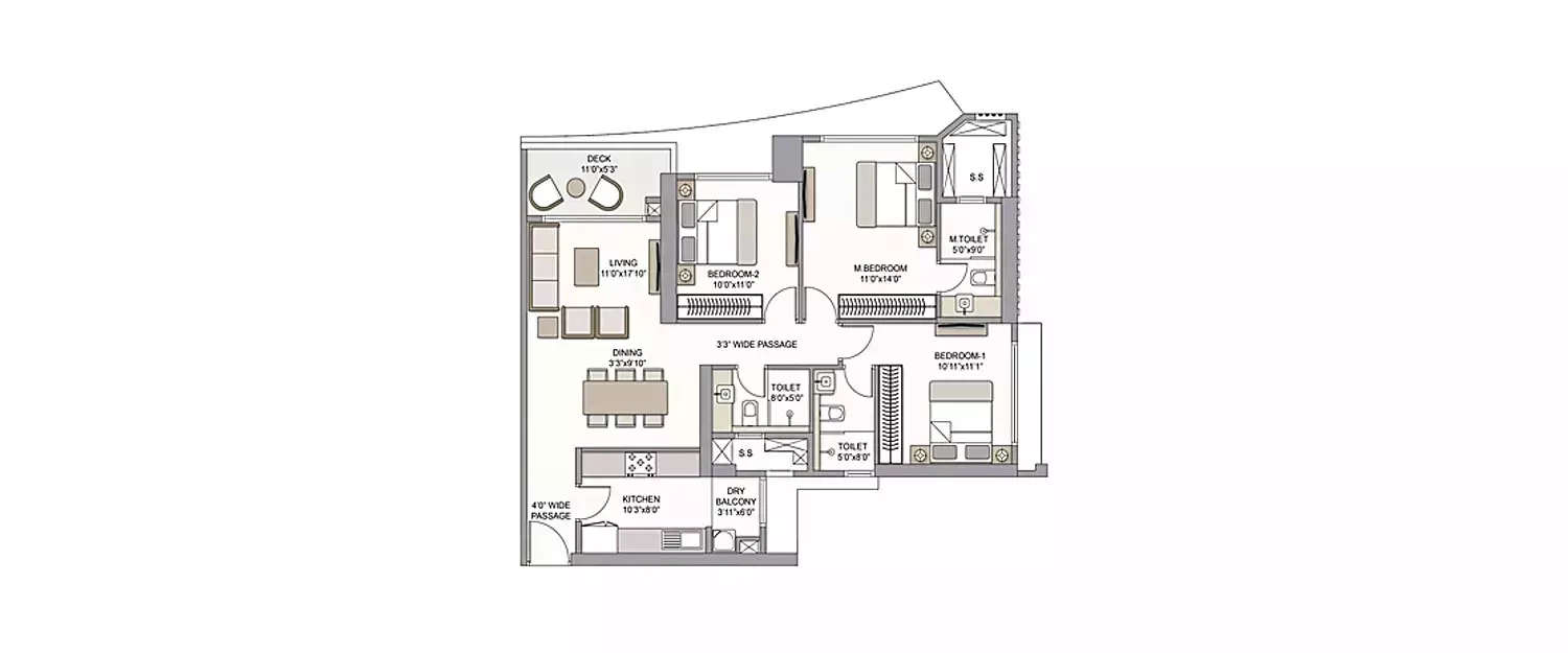 Floor plan for 3 BHK