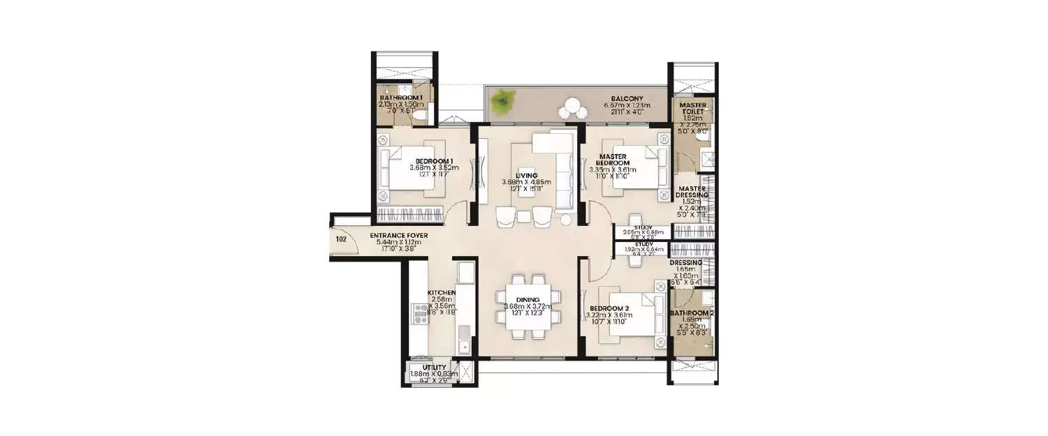 Floor plan for 3 BHK
