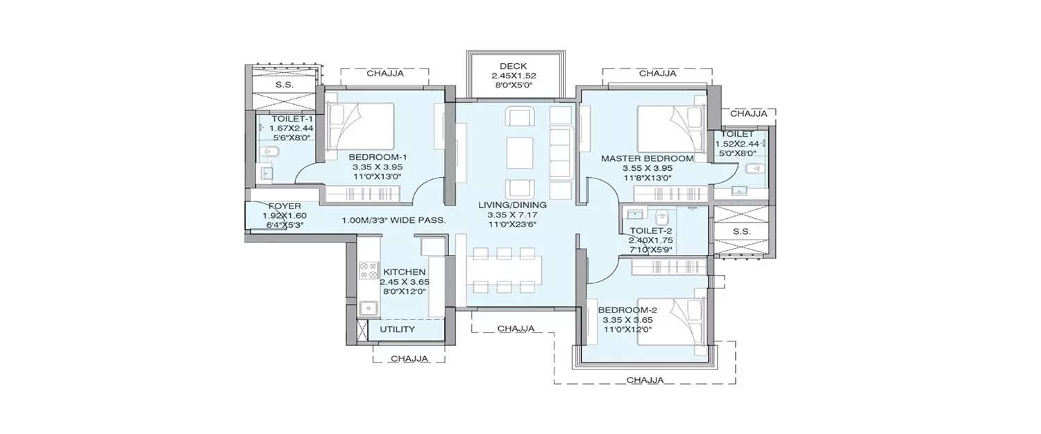 Floor plan for 3 BHK