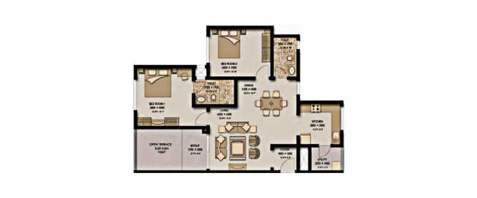 Sobha Meritta Nallambakkam - Floor plan 2 BHK 1336 Sq.ft
