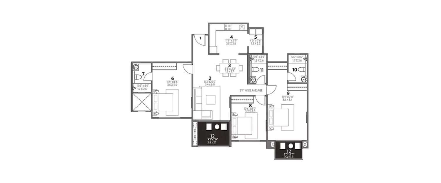 Floor plan for 3 BHK