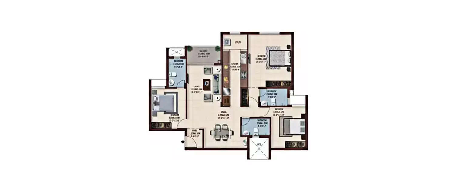 Floor plan for 3 BHK