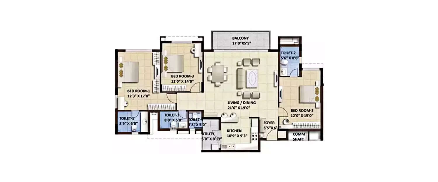 Floor plan for 3 BHK