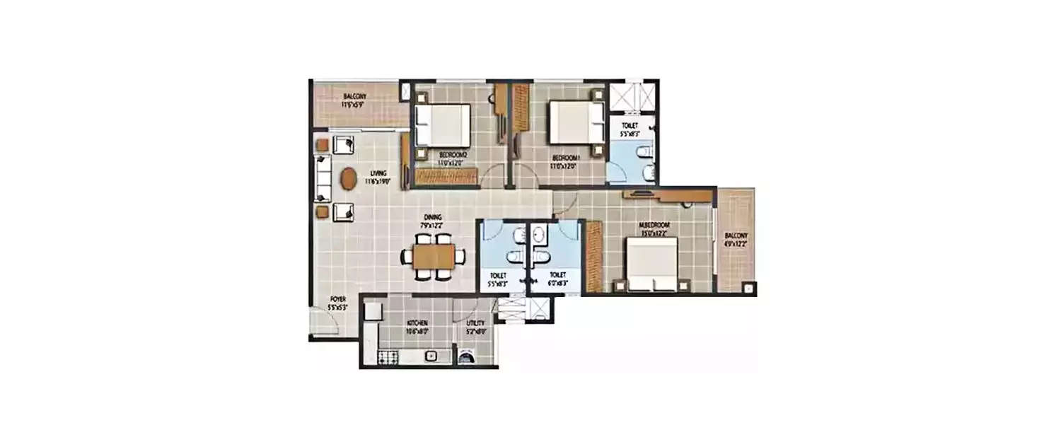 Floor plan for 3 BHK