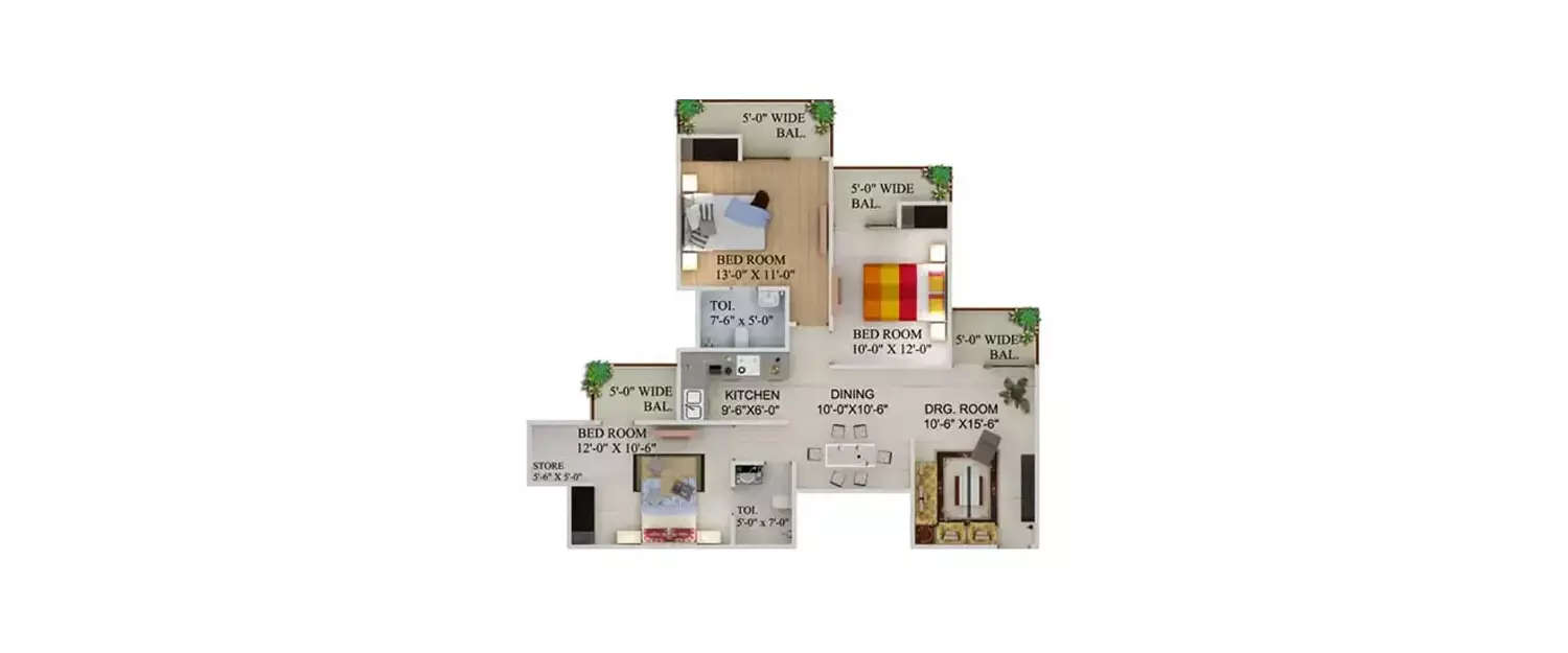 Floor plan for 3 BHK