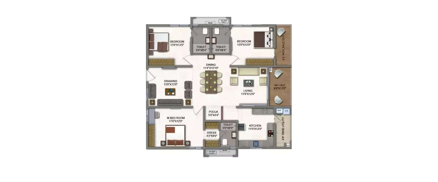 Floor plan for 3 BHK