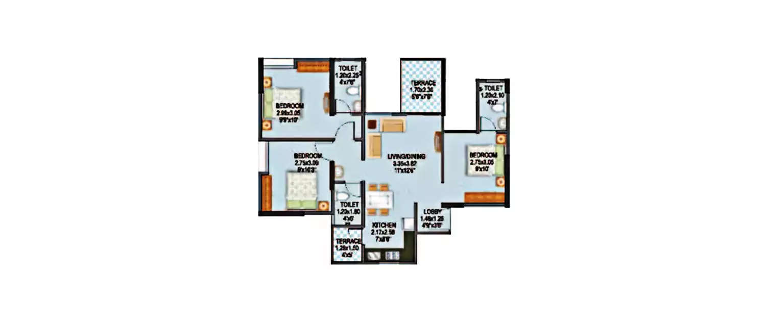 Floor plan for 3 BHK