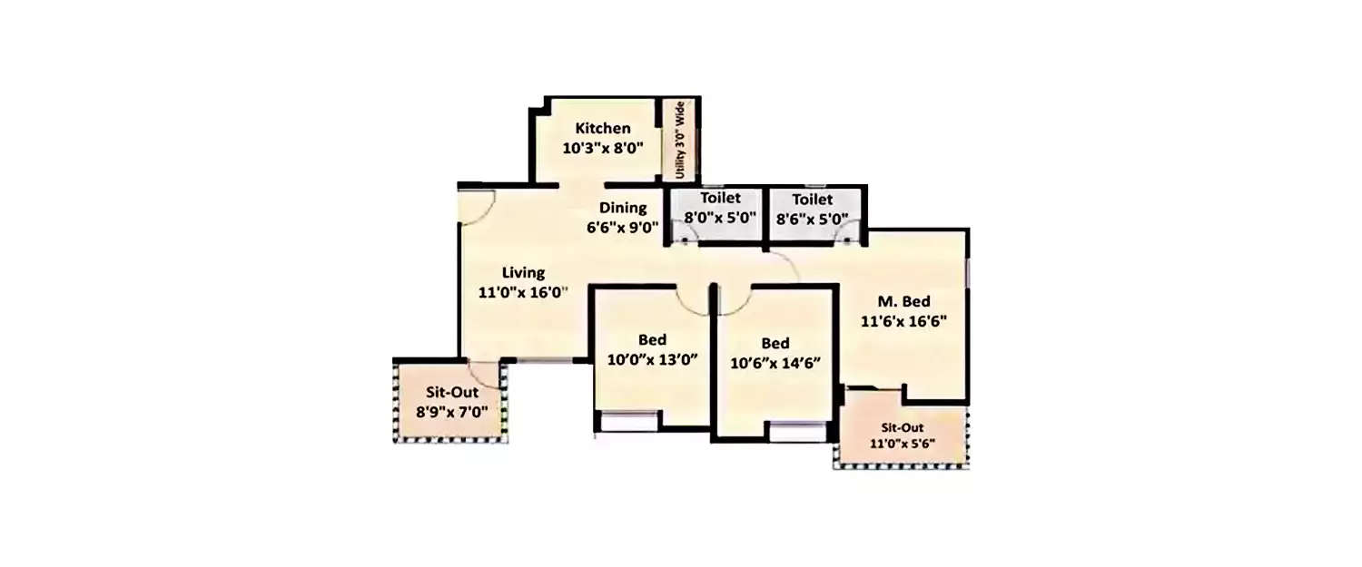 Floor plan for 3 BHK