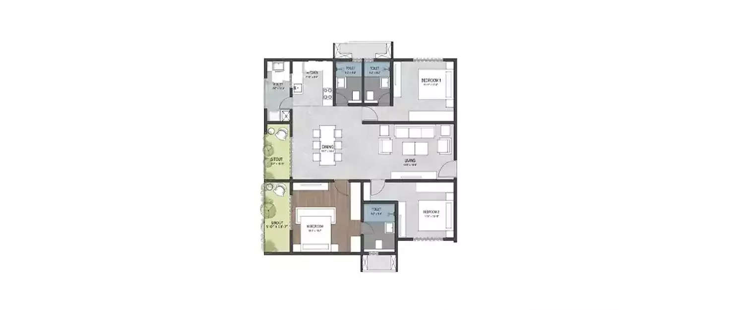Floor plan for 3 BHK