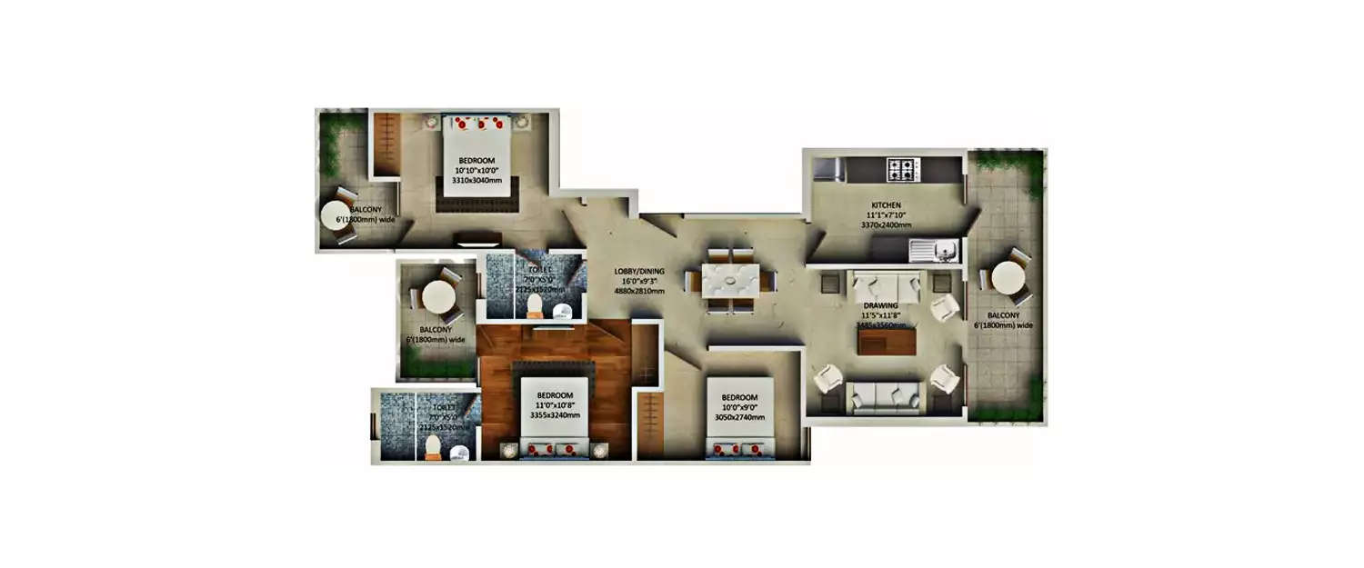 Floor plan for 3 BHK