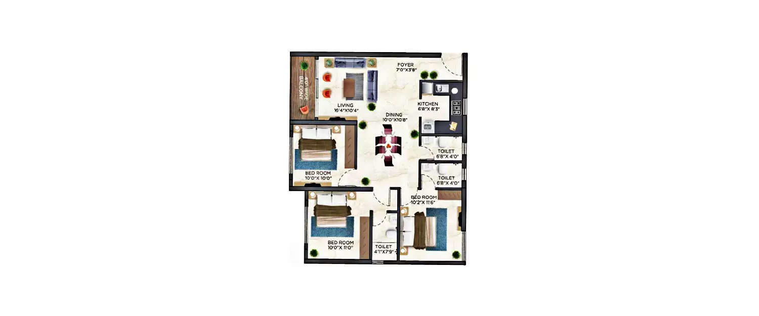 Floor plan for 3 BHK