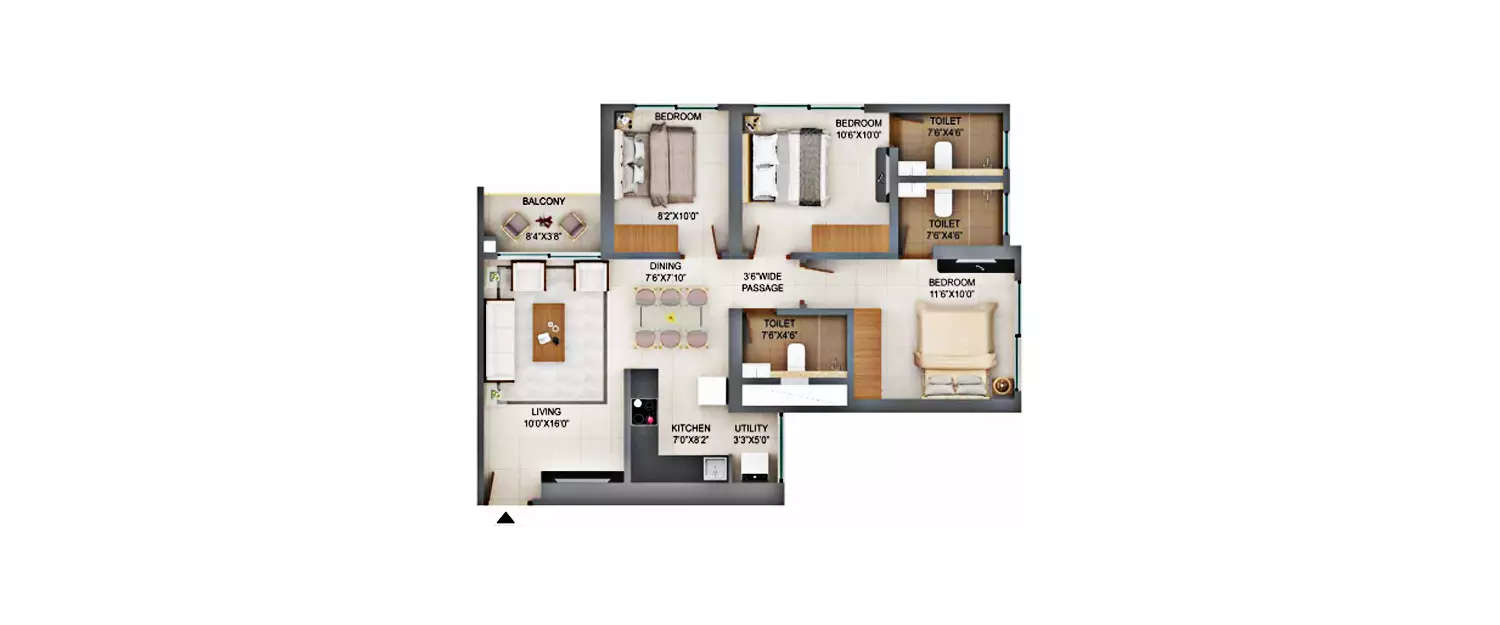 Floor plan for 3 BHK