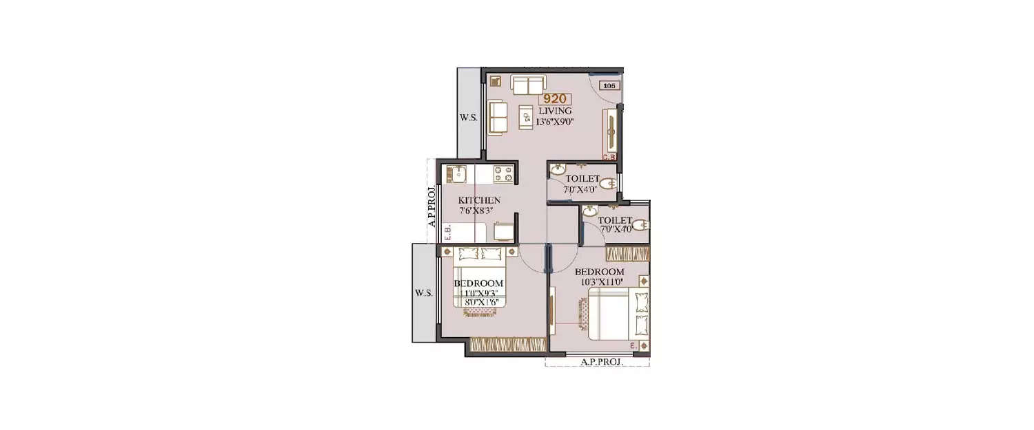 Floor plan for 2 BHK