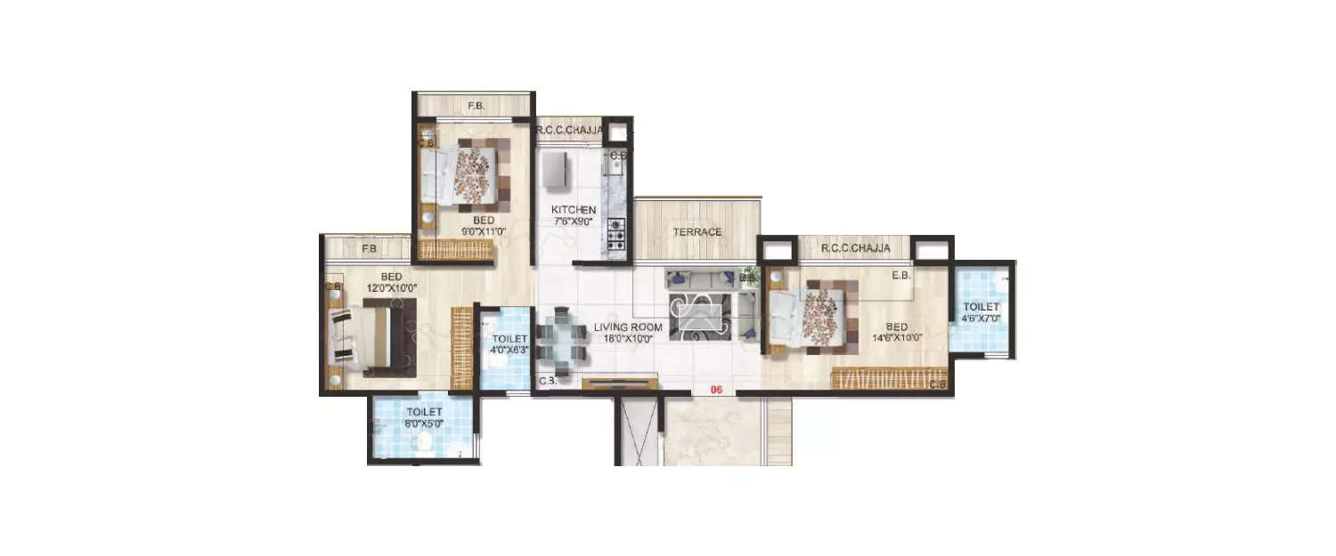 Floor plan for 3 BHK