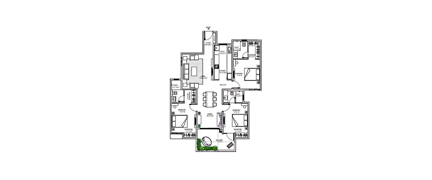 Floor plan for 3 BHK