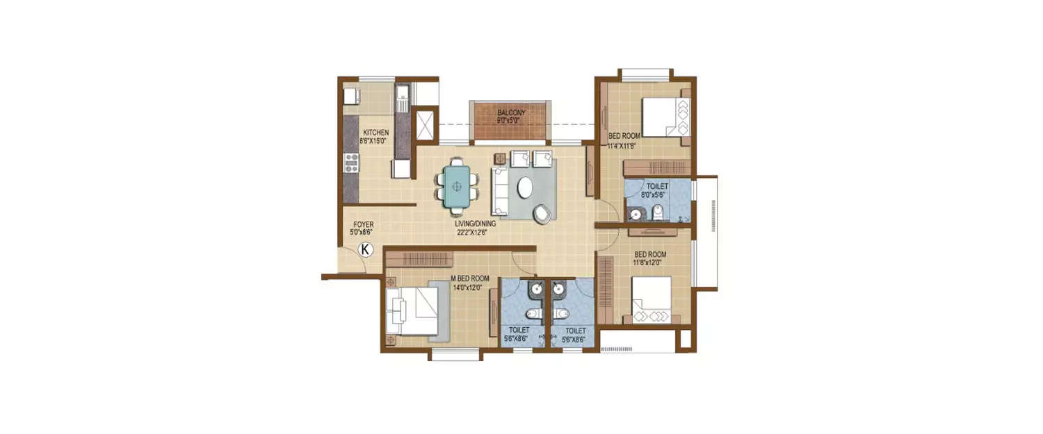 Floor plan for 3 BHK