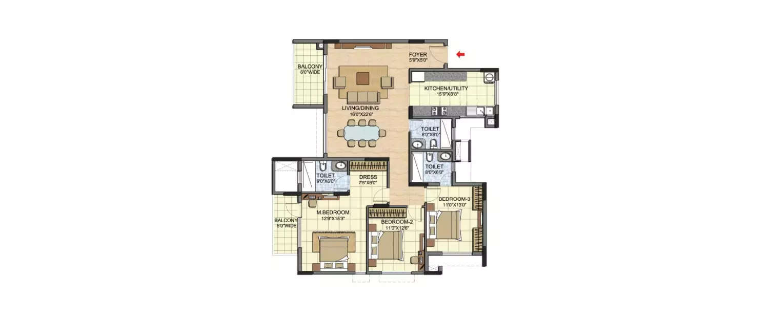 Floor plan for 3 BHK