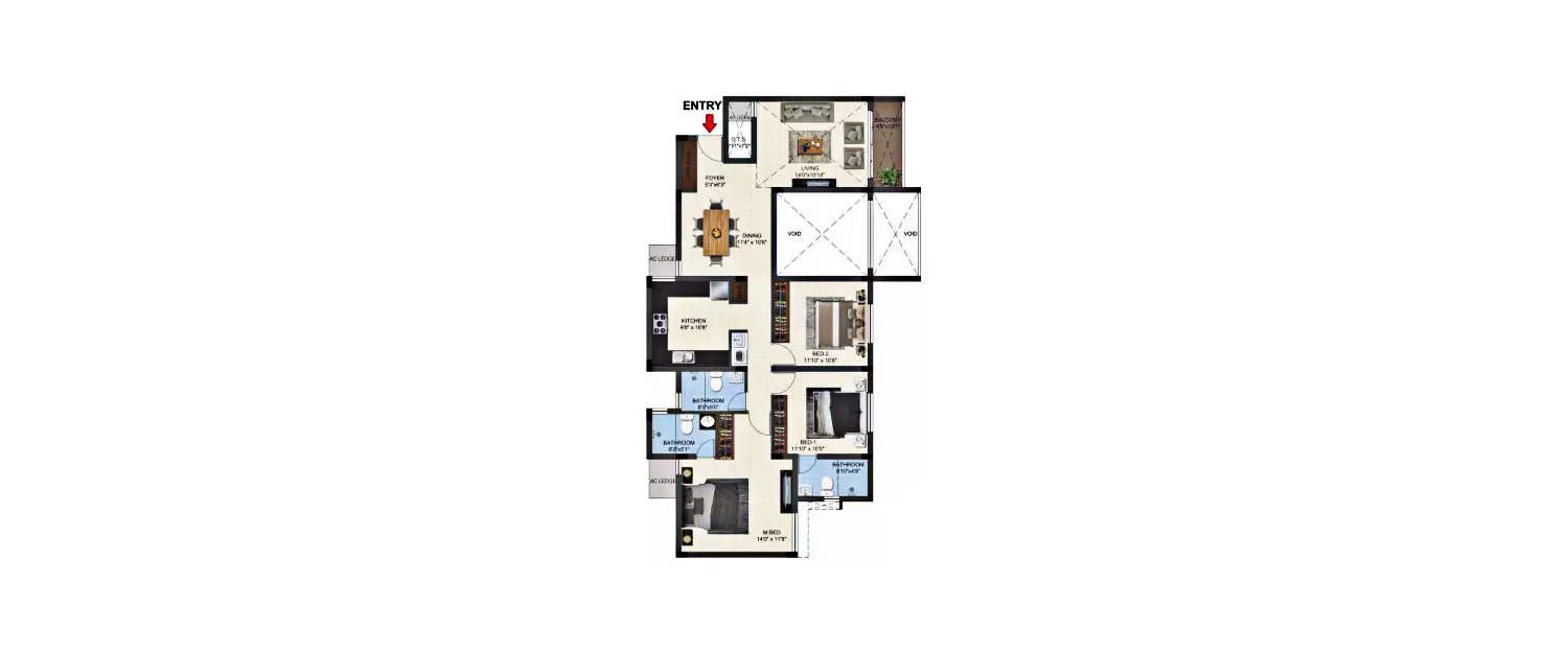 Floor plan for 3 BHK