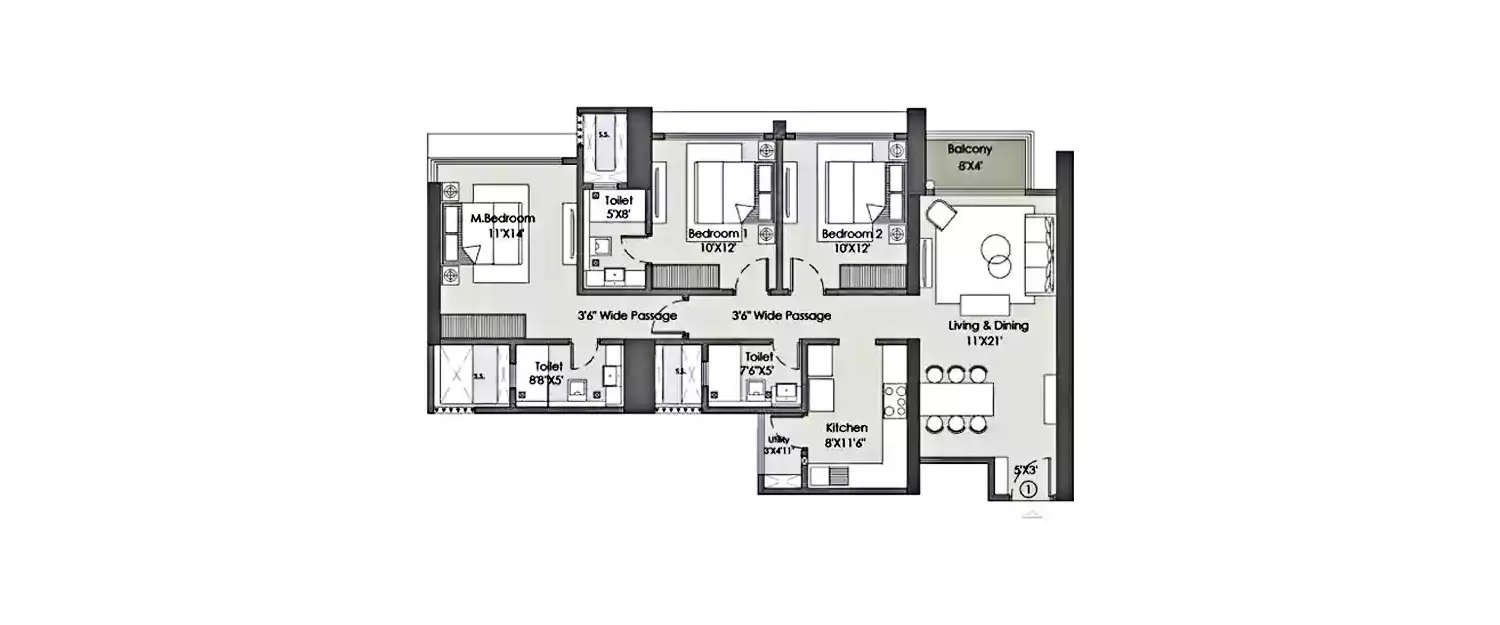 Floor plan for 3 BHK